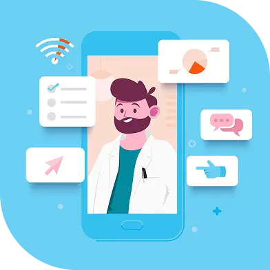 Médico com tablet azul contendo ícones de gráfico, chat, envio e mão apontando